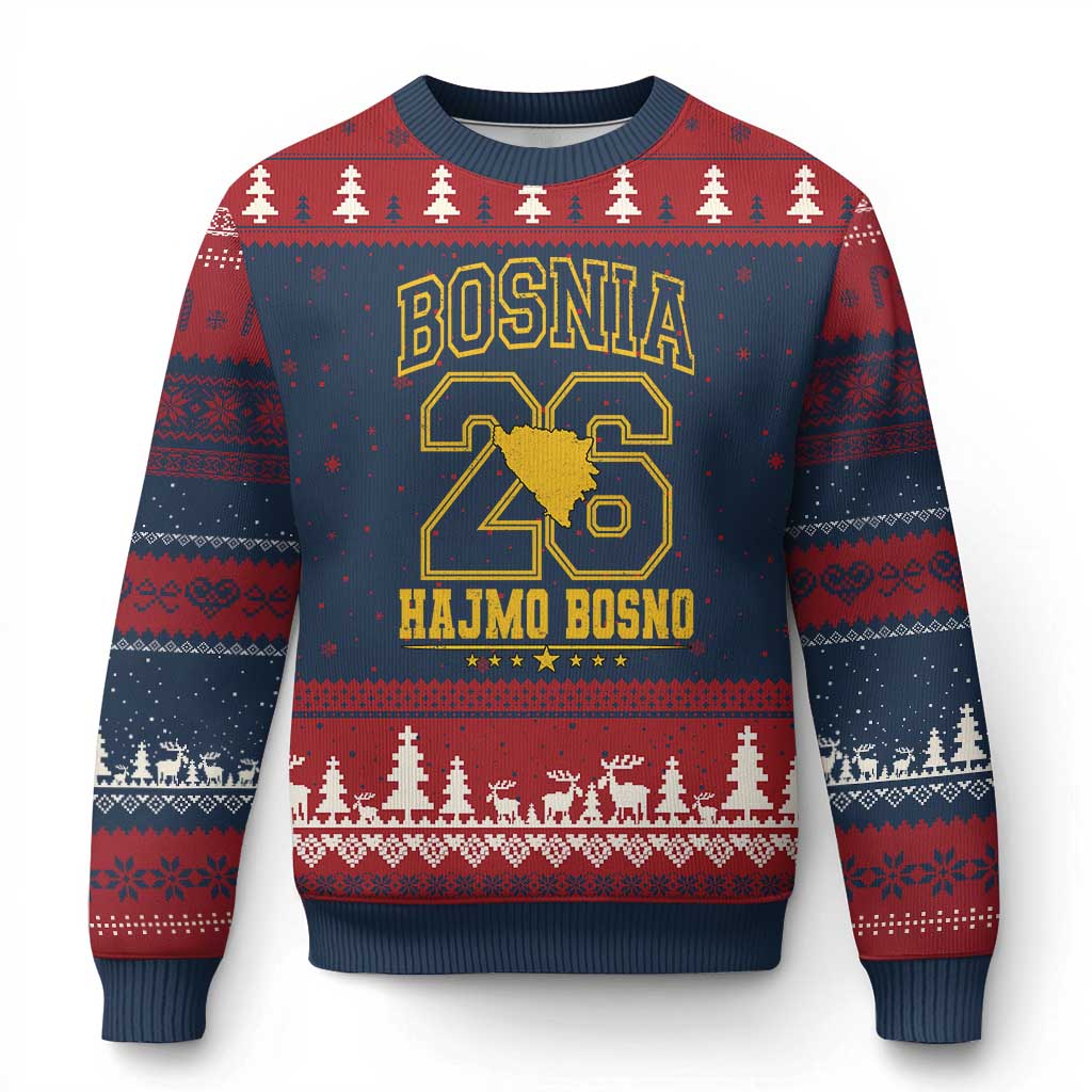 Lets Go Bosnia 2026 Hajmo Bosno Vintage Varsity Sports Style Ugly Christmas Sweater Bosnia Herzegovina Map Soccer Lover Football Fan TS02 Navy Red Print Your Wear