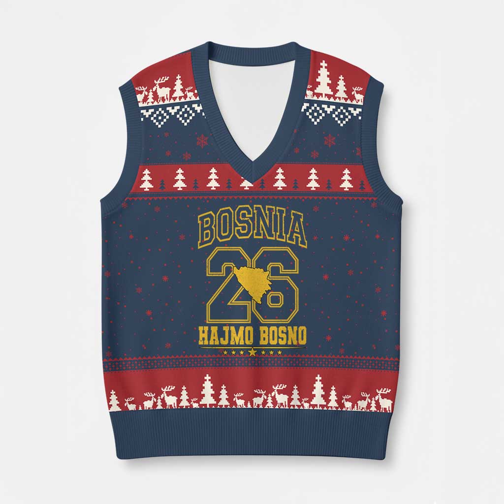 Lets Go Bosnia 2026 Hajmo Bosno Vintage Varsity Sports Style V-Neck Knit Sweater Vest Bosnia Herzegovina Map Soccer Lover Football Fan TS02 Navy Red Print Your Wear