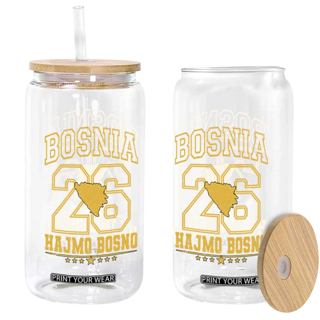 Lets Go Bosnia 2026 Hajmo Bosno Vintage Varsity Sports Style Glass Can Bosnia Herzegovina Map Soccer Lover Football Fan