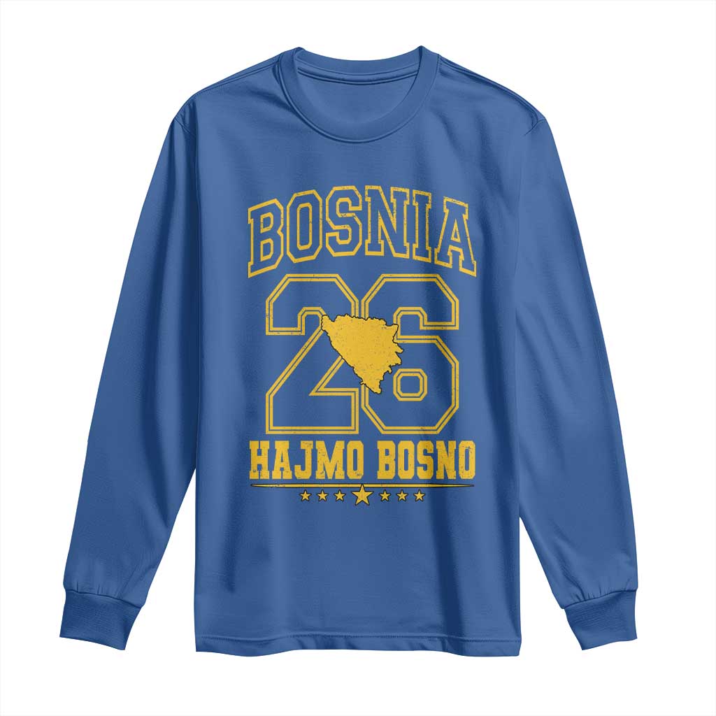 Lets Go Bosnia 2026 Hajmo Bosno Vintage Varsity Sports Style Long Sleeve Shirt Bosnia Herzegovina Map Soccer Lover Football Fan TS02 Royal Blue Print Your Wear