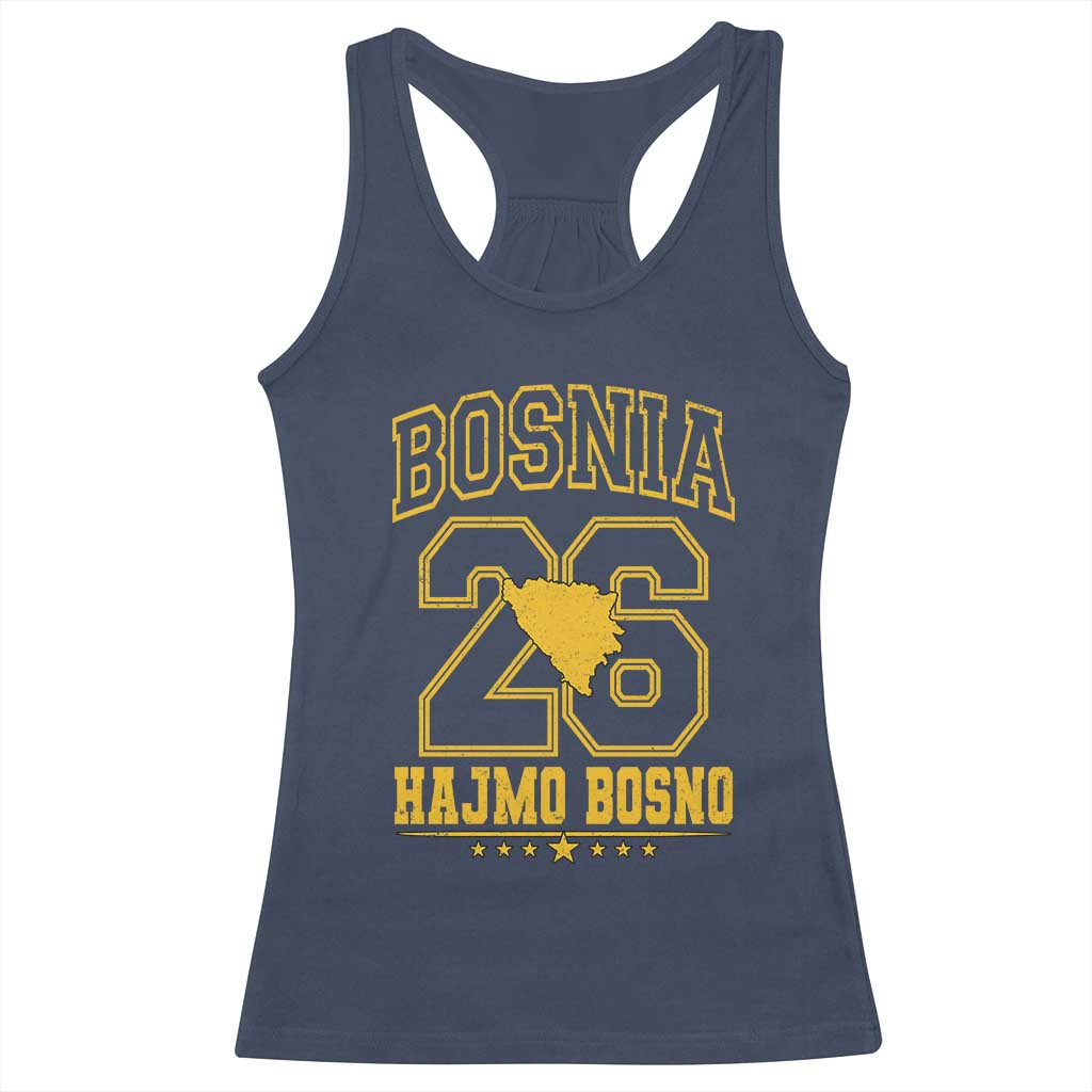 Lets Go Bosnia 2026 Hajmo Bosno Vintage Varsity Sports Style Racerback Tank Top Bosnia Herzegovina Map Soccer Lover Football Fan TS02 Navy Print Your Wear