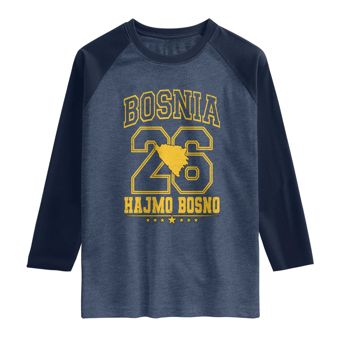 Lets Go Bosnia 2026 Hajmo Bosno Vintage Varsity Sports Style Raglan Shirt Bosnia Herzegovina Map Soccer Lover Football Fan TS02 Heather Denim Navy Print Your Wear