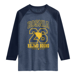Lets Go Bosnia 2026 Hajmo Bosno Vintage Varsity Sports Style Raglan Shirt Bosnia Herzegovina Map Soccer Lover Football Fan TS02 Heather Denim Navy Print Your Wear
