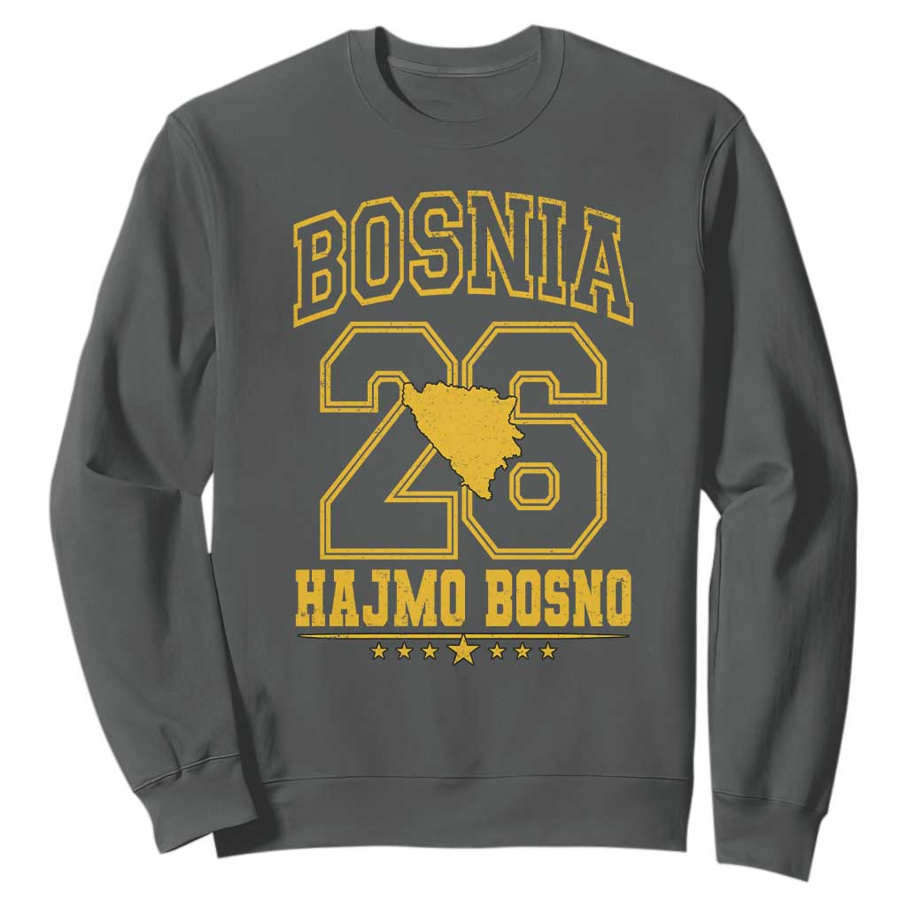 Lets Go Bosnia 2026 Hajmo Bosno Vintage Varsity Sports Style Sweatshirt Bosnia Herzegovina Map Soccer Lover Football Fan TS02 Dark Heather Print Your Wear