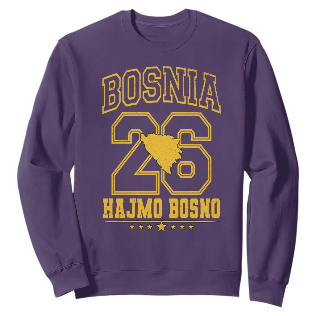 Lets Go Bosnia 2026 Hajmo Bosno Vintage Varsity Sports Style Sweatshirt Bosnia Herzegovina Map Soccer Lover Football Fan TS02 Purple Print Your Wear