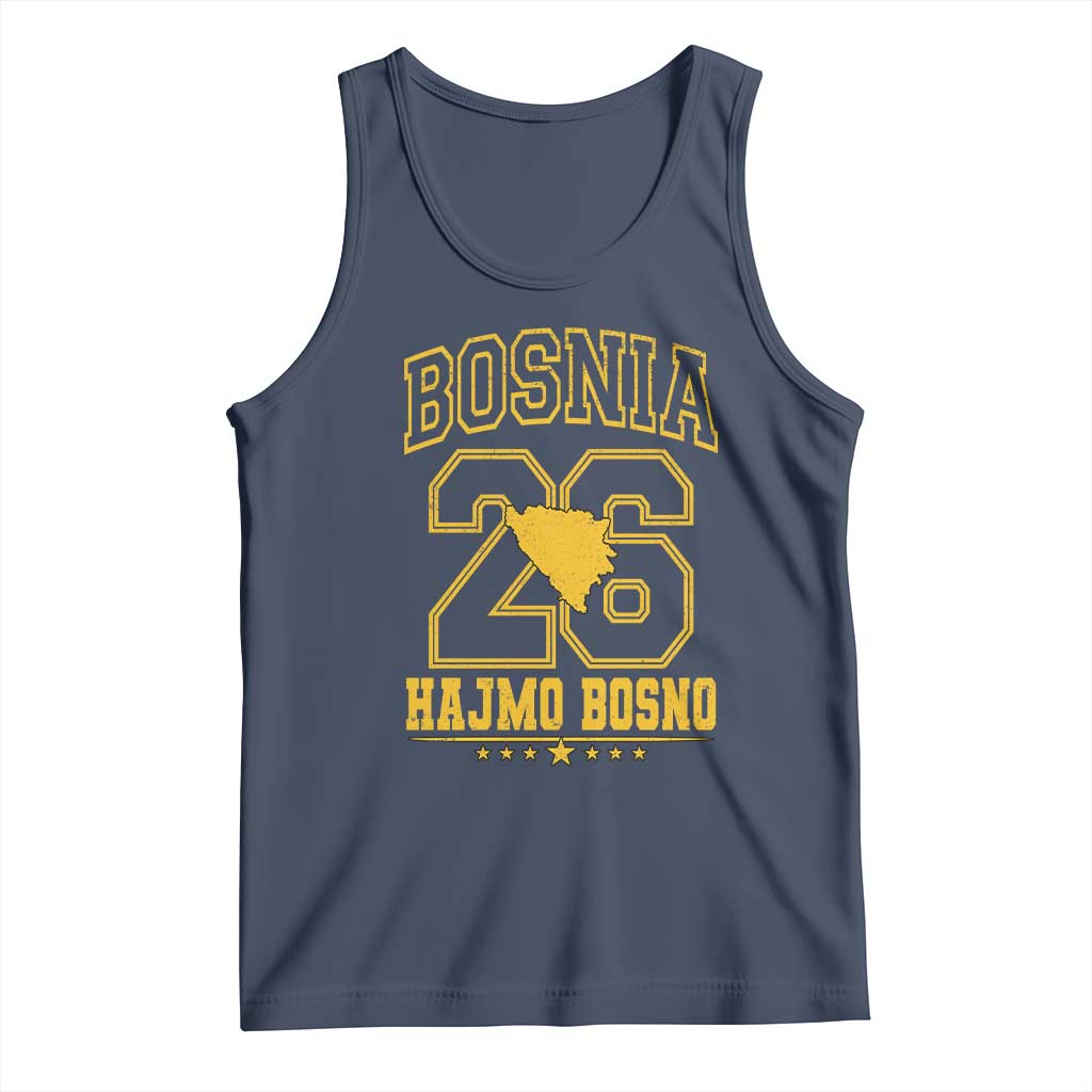 Lets Go Bosnia 2026 Hajmo Bosno Vintage Varsity Sports Style Tank Top Bosnia Herzegovina Map Soccer Lover Football Fan TS02 Navy Print Your Wear