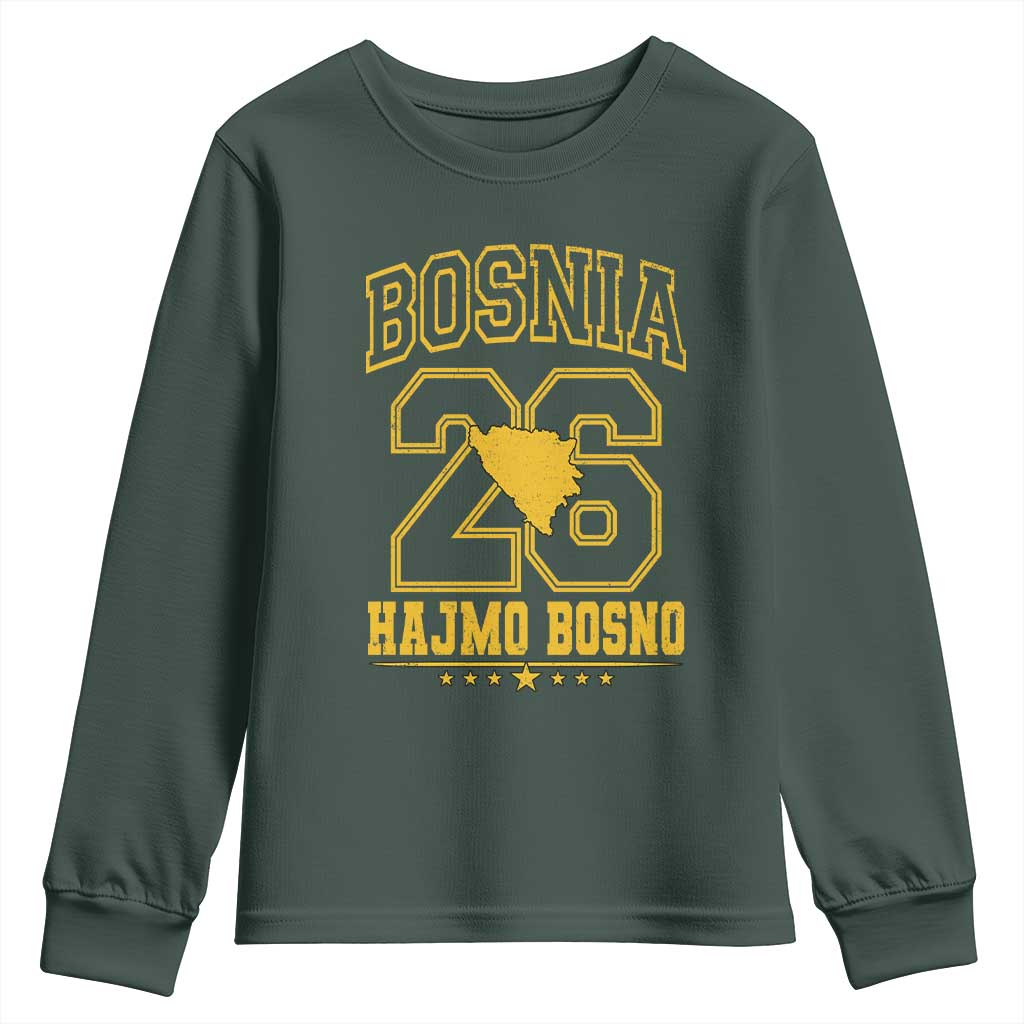 Lets Go Bosnia 2026 Hajmo Bosno Vintage Varsity Sports Style Youth Sweatshirt Bosnia Herzegovina Map Soccer Lover Football Fan TS02 Dark Forest Green Print Your Wear