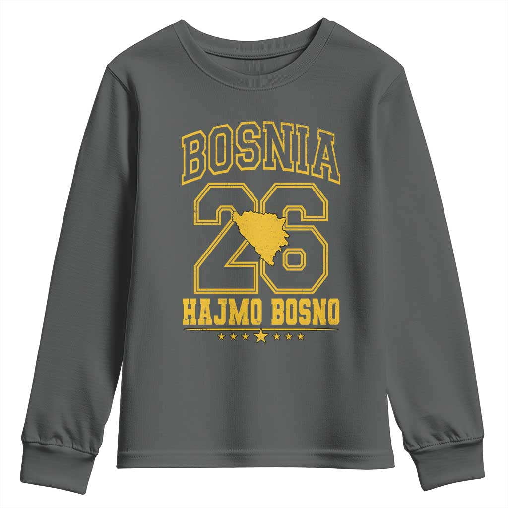 Lets Go Bosnia 2026 Hajmo Bosno Vintage Varsity Sports Style Youth Sweatshirt Bosnia Herzegovina Map Soccer Lover Football Fan TS02 Dark Heather Print Your Wear