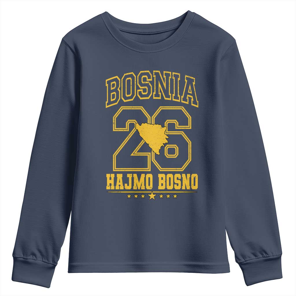 Lets Go Bosnia 2026 Hajmo Bosno Vintage Varsity Sports Style Youth Sweatshirt Bosnia Herzegovina Map Soccer Lover Football Fan TS02 Navy Print Your Wear