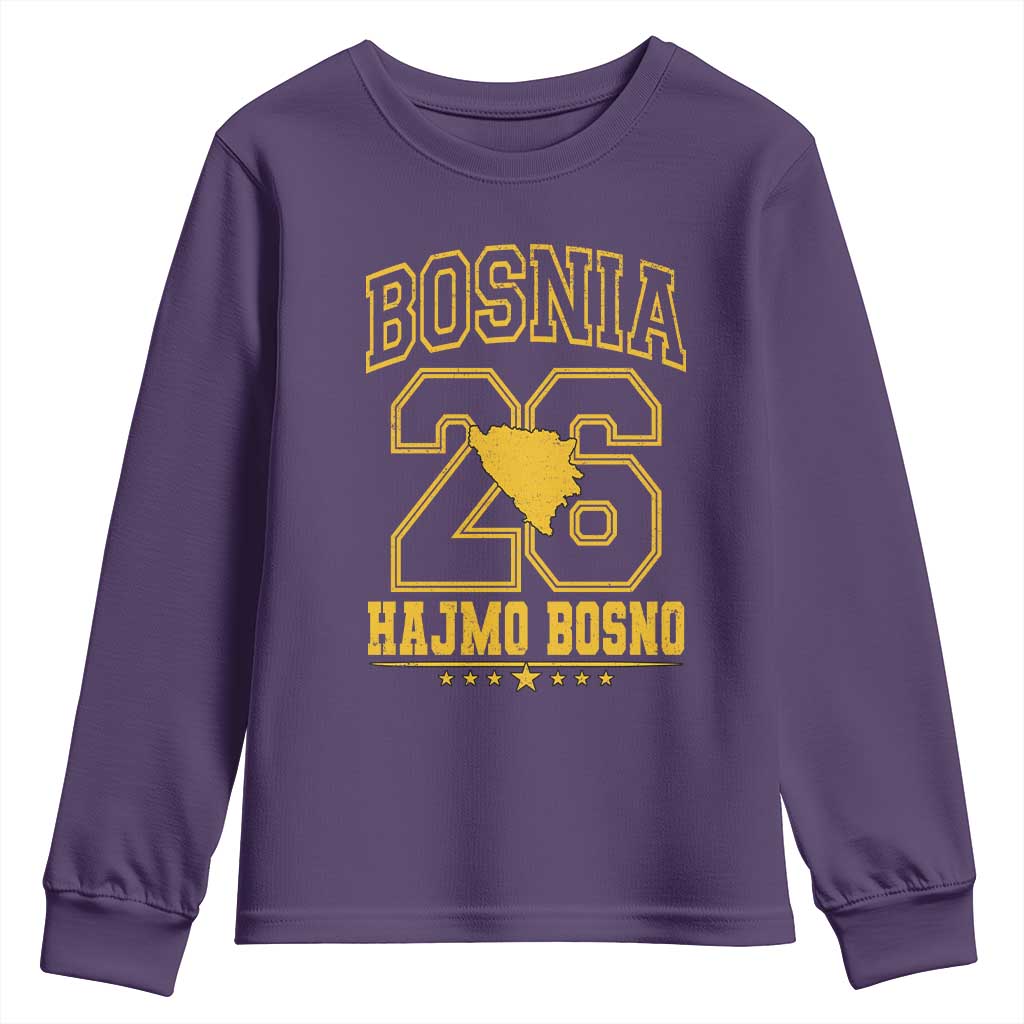 Lets Go Bosnia 2026 Hajmo Bosno Vintage Varsity Sports Style Youth Sweatshirt Bosnia Herzegovina Map Soccer Lover Football Fan TS02 Purple Print Your Wear