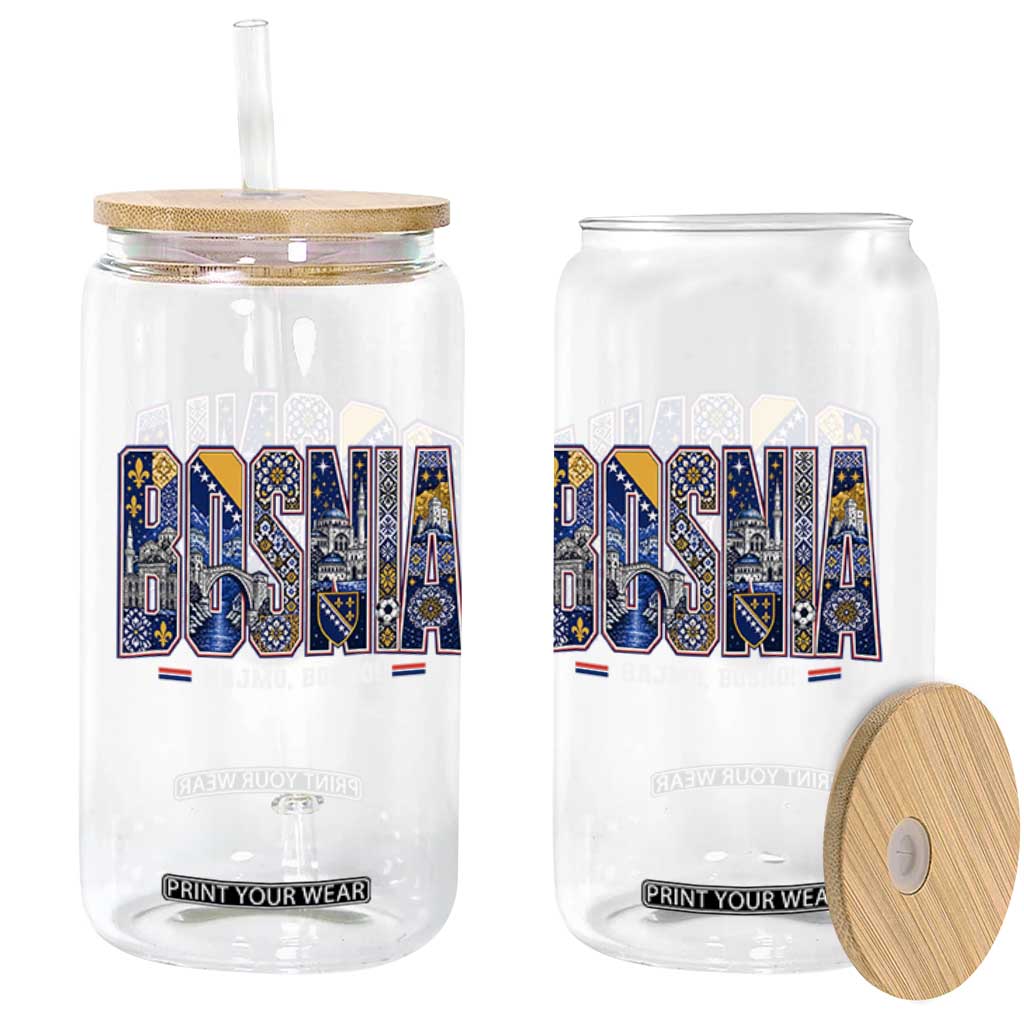 Lets Go Bosnia Heritage Hajmo Bosno Cultural Mosaic Pattern Glass Can Bosnia Herzegovina Map Soccer Lover Football Fan
