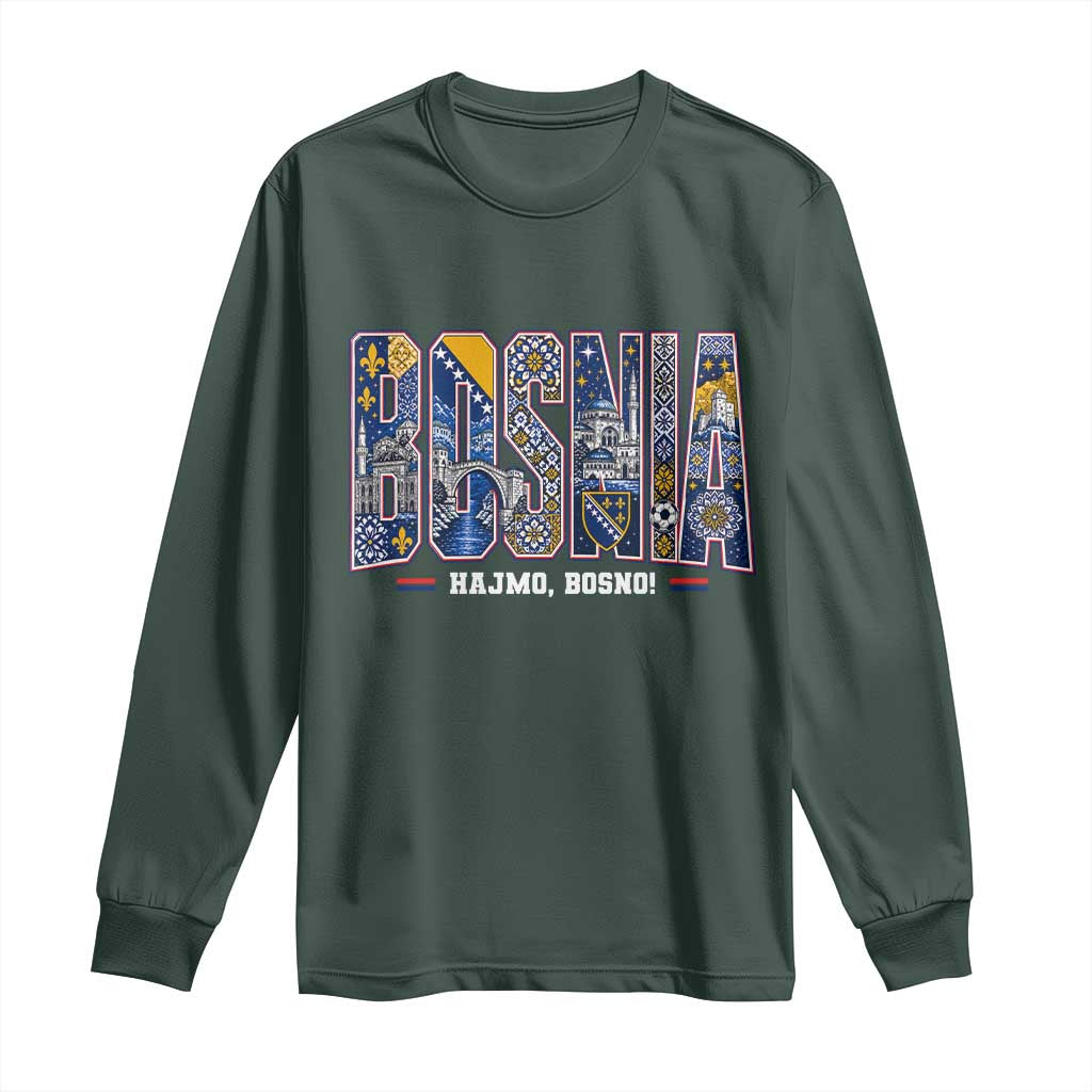 Lets Go Bosnia Heritage Hajmo Bosno Cultural Mosaic Pattern Long Sleeve Shirt Bosnia Herzegovina Map Soccer Lover Football Fan TS02 Dark Forest Green Print Your Wear