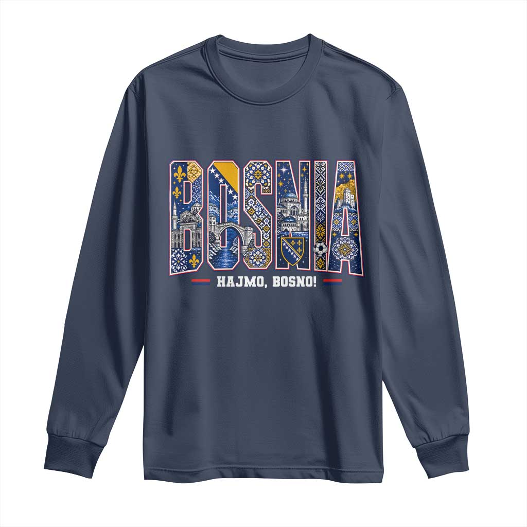 Lets Go Bosnia Heritage Hajmo Bosno Cultural Mosaic Pattern Long Sleeve Shirt Bosnia Herzegovina Map Soccer Lover Football Fan TS02 Navy Print Your Wear