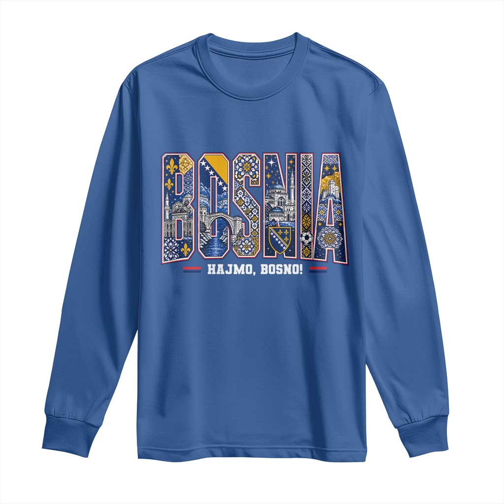Lets Go Bosnia Heritage Hajmo Bosno Cultural Mosaic Pattern Long Sleeve Shirt Bosnia Herzegovina Map Soccer Lover Football Fan TS02 Royal Blue Print Your Wear