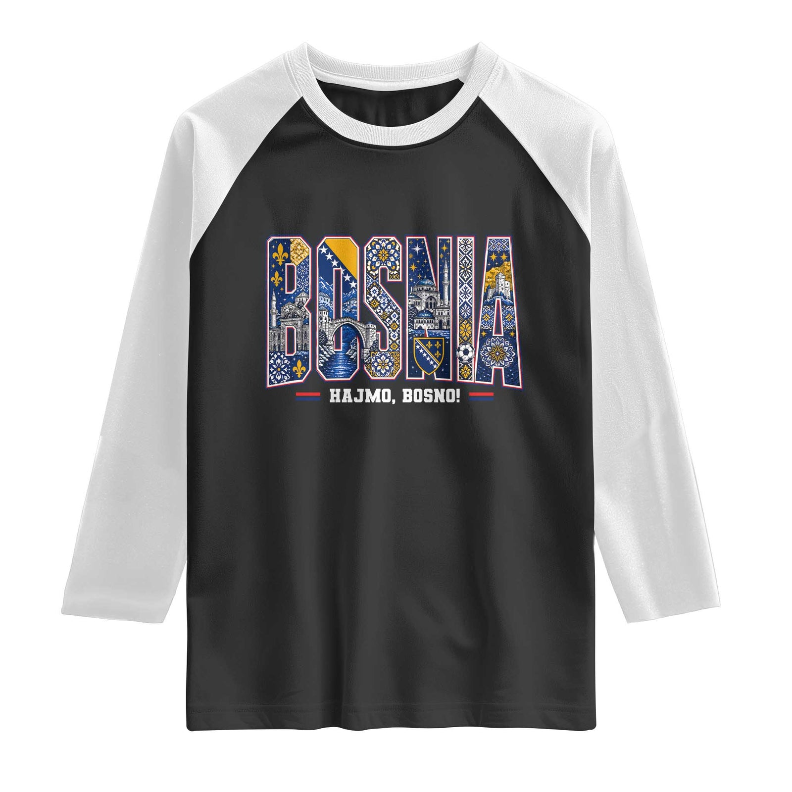 Lets Go Bosnia Heritage Hajmo Bosno Cultural Mosaic Pattern Raglan Shirt Bosnia Herzegovina Map Soccer Lover Football Fan TS02 Black White Print Your Wear