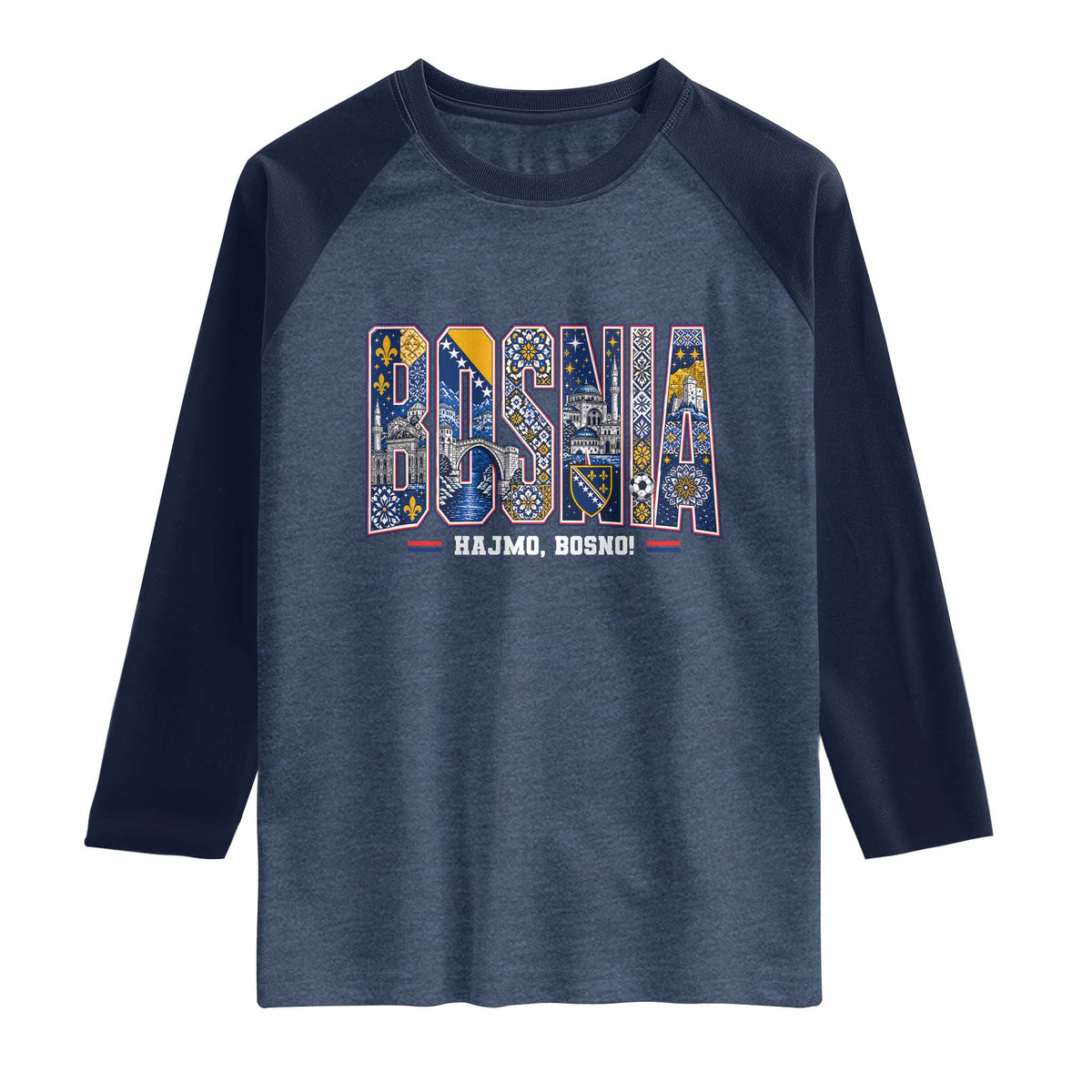 Lets Go Bosnia Heritage Hajmo Bosno Cultural Mosaic Pattern Raglan Shirt Bosnia Herzegovina Map Soccer Lover Football Fan TS02 Heather Denim Navy Print Your Wear