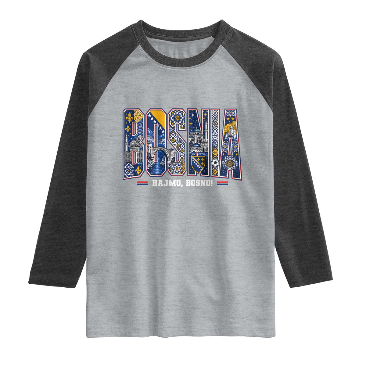 Lets Go Bosnia Heritage Hajmo Bosno Cultural Mosaic Pattern Raglan Shirt Bosnia Herzegovina Map Soccer Lover Football Fan TS02 Heather Gray Heather Charcoal Print Your Wear