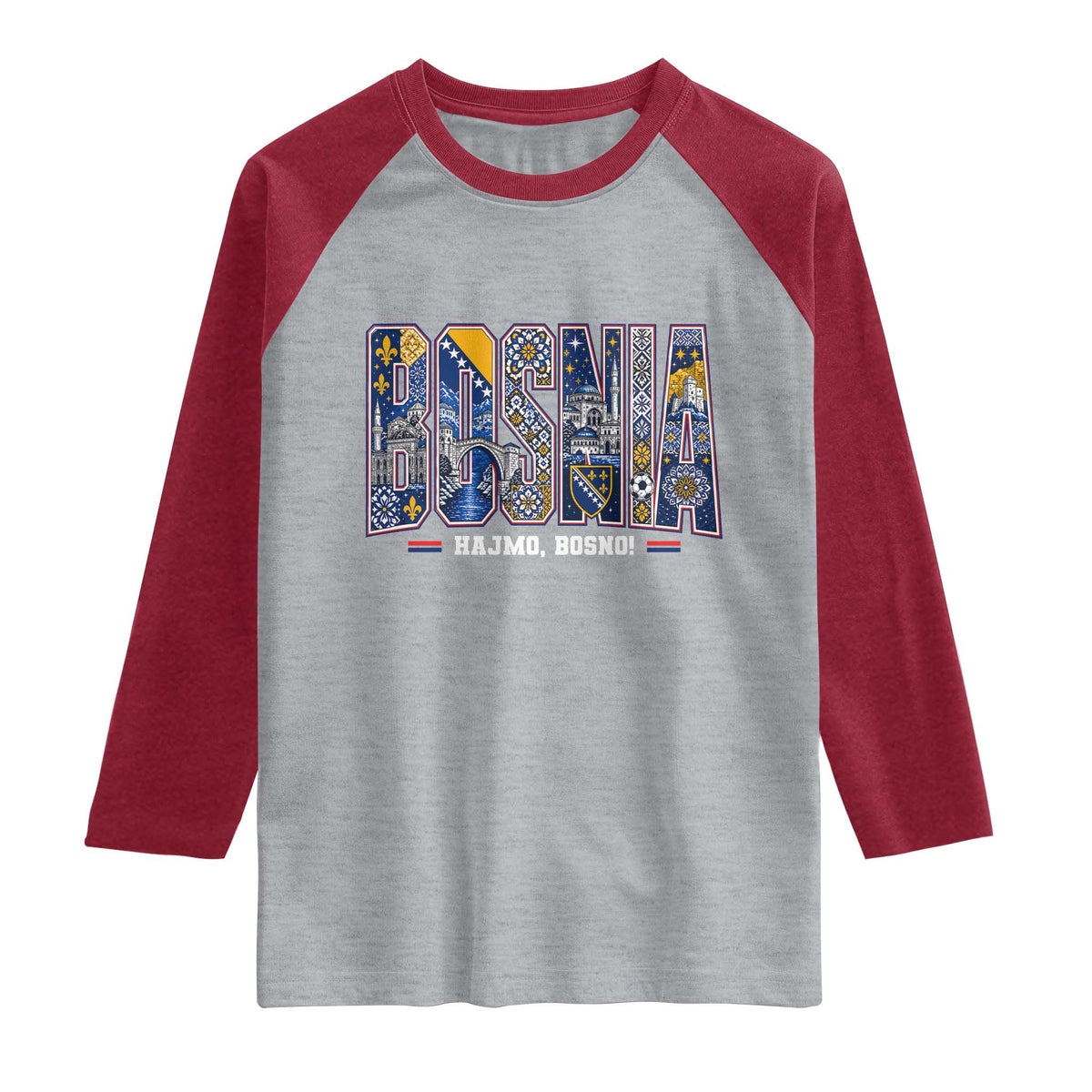 Lets Go Bosnia Heritage Hajmo Bosno Cultural Mosaic Pattern Raglan Shirt Bosnia Herzegovina Map Soccer Lover Football Fan TS02 Heather Gray Heather Red Print Your Wear