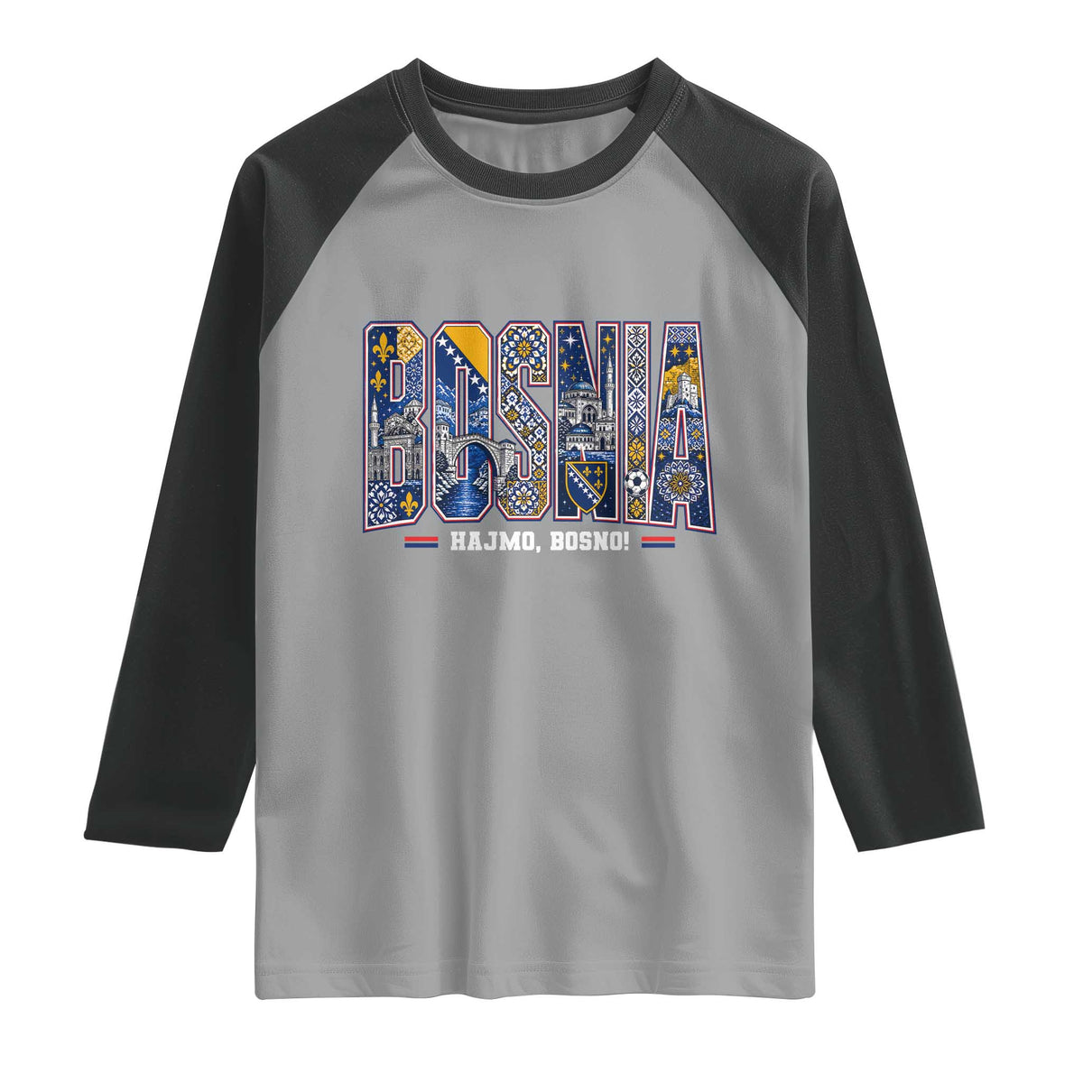 Lets Go Bosnia Heritage Hajmo Bosno Cultural Mosaic Pattern Raglan Shirt Bosnia Herzegovina Map Soccer Lover Football Fan TS02 Sport Gray Black Print Your Wear