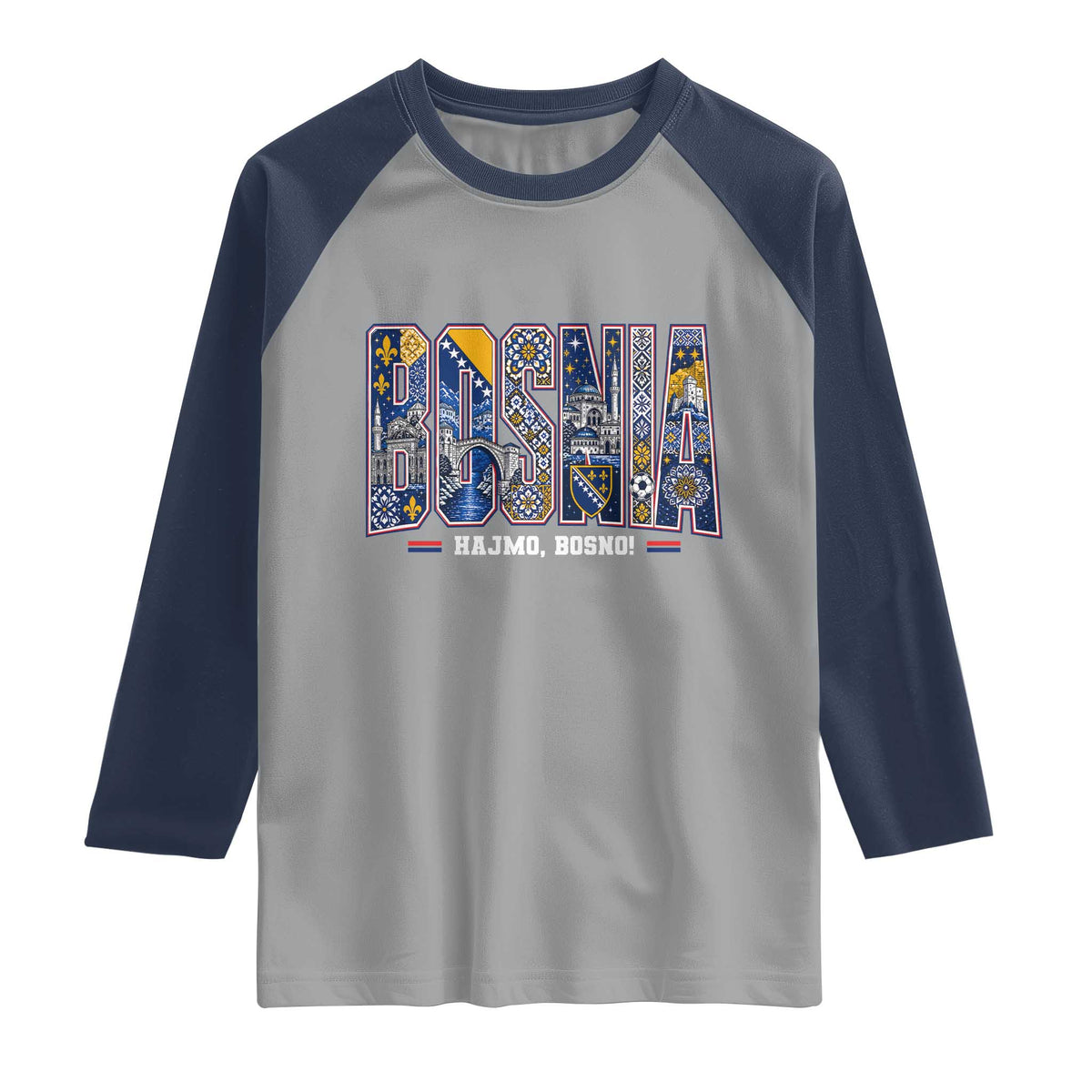 Lets Go Bosnia Heritage Hajmo Bosno Cultural Mosaic Pattern Raglan Shirt Bosnia Herzegovina Map Soccer Lover Football Fan TS02 Sport Gray Navy Print Your Wear