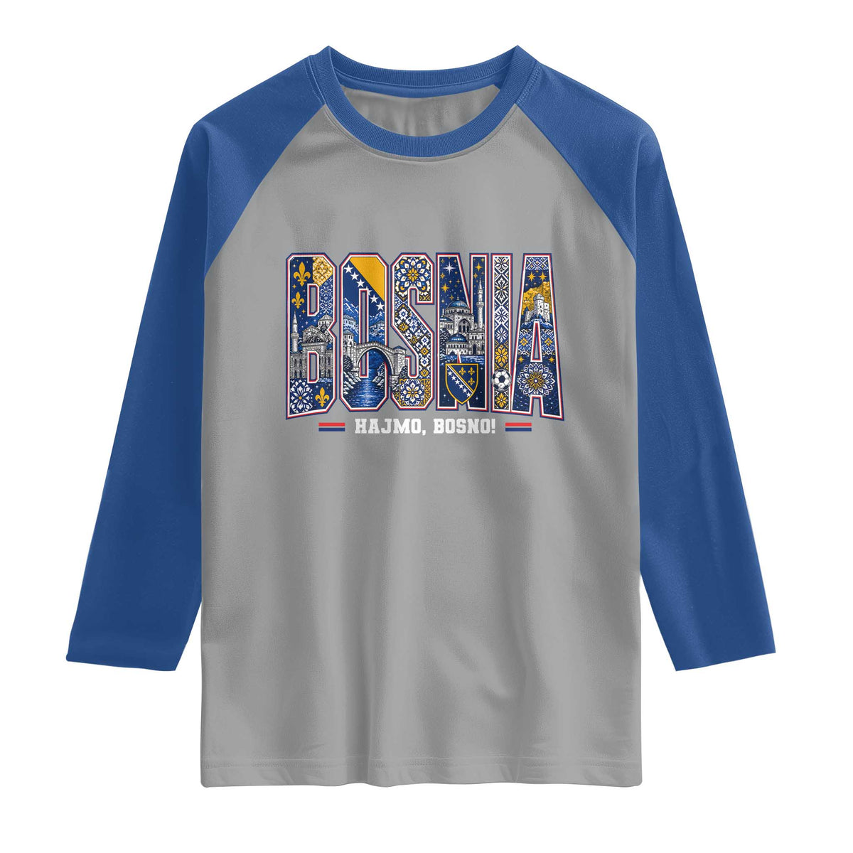 Lets Go Bosnia Heritage Hajmo Bosno Cultural Mosaic Pattern Raglan Shirt Bosnia Herzegovina Map Soccer Lover Football Fan TS02 Sport Gray Royal Print Your Wear