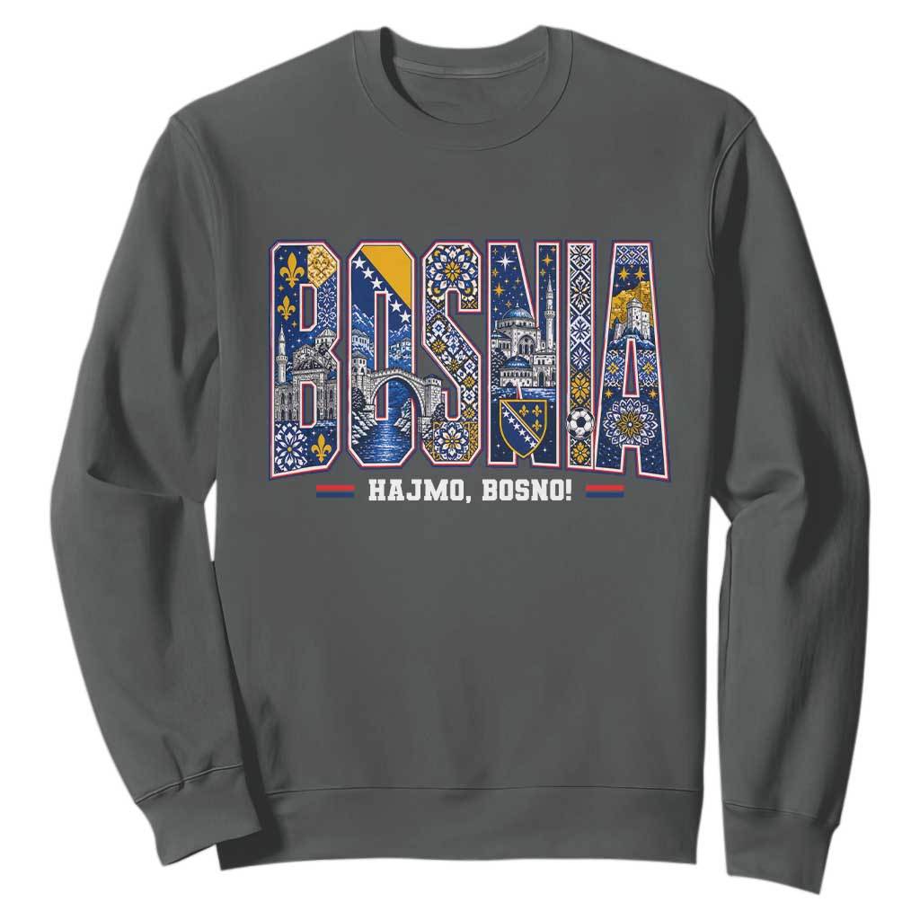 Lets Go Bosnia Heritage Hajmo Bosno Cultural Mosaic Pattern Sweatshirt Bosnia Herzegovina Map Soccer Lover Football Fan TS02 Dark Heather Print Your Wear