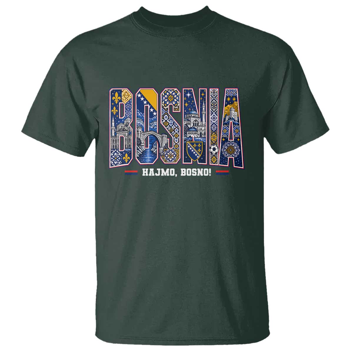 Lets Go Bosnia Heritage Hajmo Bosno Cultural Mosaic Pattern T Shirt Bosnia Herzegovina Map Soccer Lover Football Fan TS02 Dark Forest Green Print Your Wear
