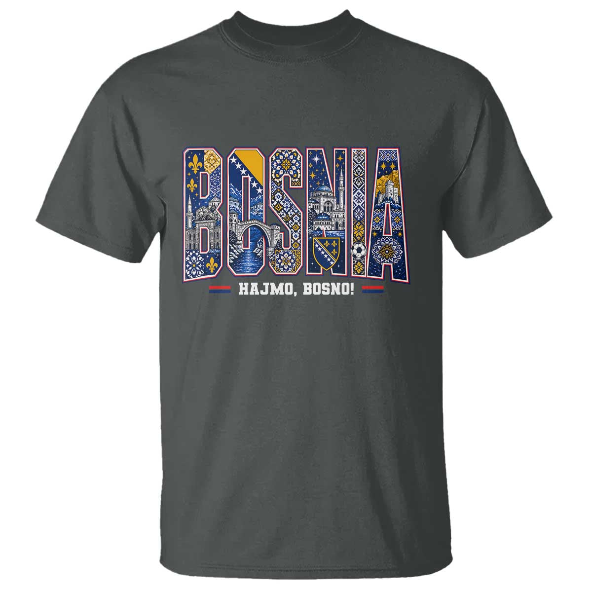 Lets Go Bosnia Heritage Hajmo Bosno Cultural Mosaic Pattern T Shirt Bosnia Herzegovina Map Soccer Lover Football Fan TS02 Dark Heather Print Your Wear