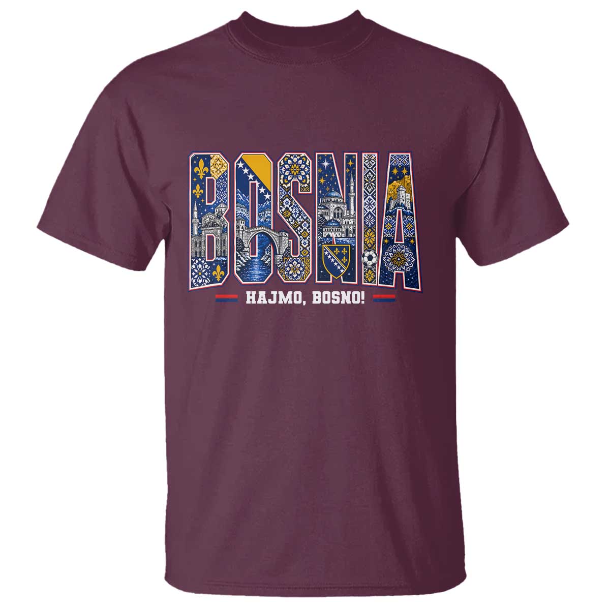 Lets Go Bosnia Heritage Hajmo Bosno Cultural Mosaic Pattern T Shirt Bosnia Herzegovina Map Soccer Lover Football Fan TS02 Maroon Print Your Wear
