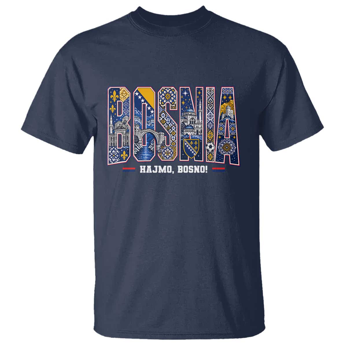 Lets Go Bosnia Heritage Hajmo Bosno Cultural Mosaic Pattern T Shirt Bosnia Herzegovina Map Soccer Lover Football Fan TS02 Navy Print Your Wear