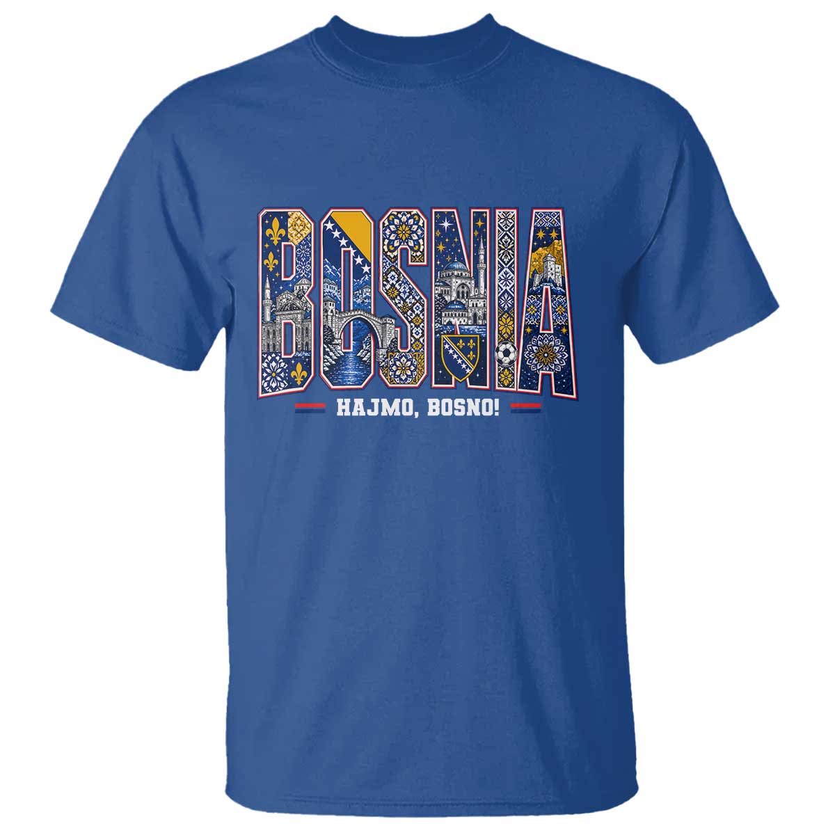 Lets Go Bosnia Heritage Hajmo Bosno Cultural Mosaic Pattern T Shirt Bosnia Herzegovina Map Soccer Lover Football Fan TS02 Royal Blue Print Your Wear