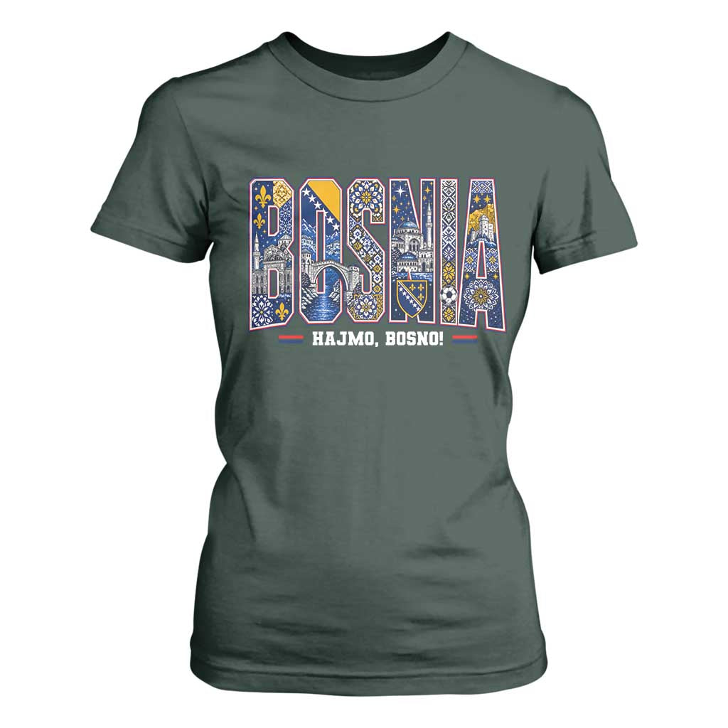 Lets Go Bosnia Heritage Hajmo Bosno Cultural Mosaic Pattern T Shirt For Women Bosnia Herzegovina Map Soccer Lover Football Fan TS02 Dark Forest Green Print Your Wear