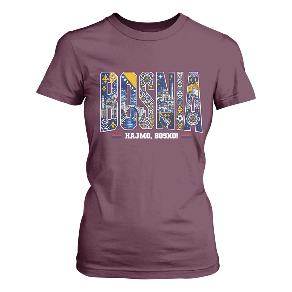 Lets Go Bosnia Heritage Hajmo Bosno Cultural Mosaic Pattern T Shirt For Women Bosnia Herzegovina Map Soccer Lover Football Fan TS02 Maroon Print Your Wear