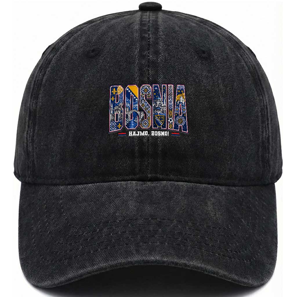 Lets Go Bosnia Heritage Hajmo Bosno Cultural Mosaic Pattern Washed Cotton Baseball Cap Bosnia Herzegovina Map Soccer Lover Football Fan TS02 Print Your Wear