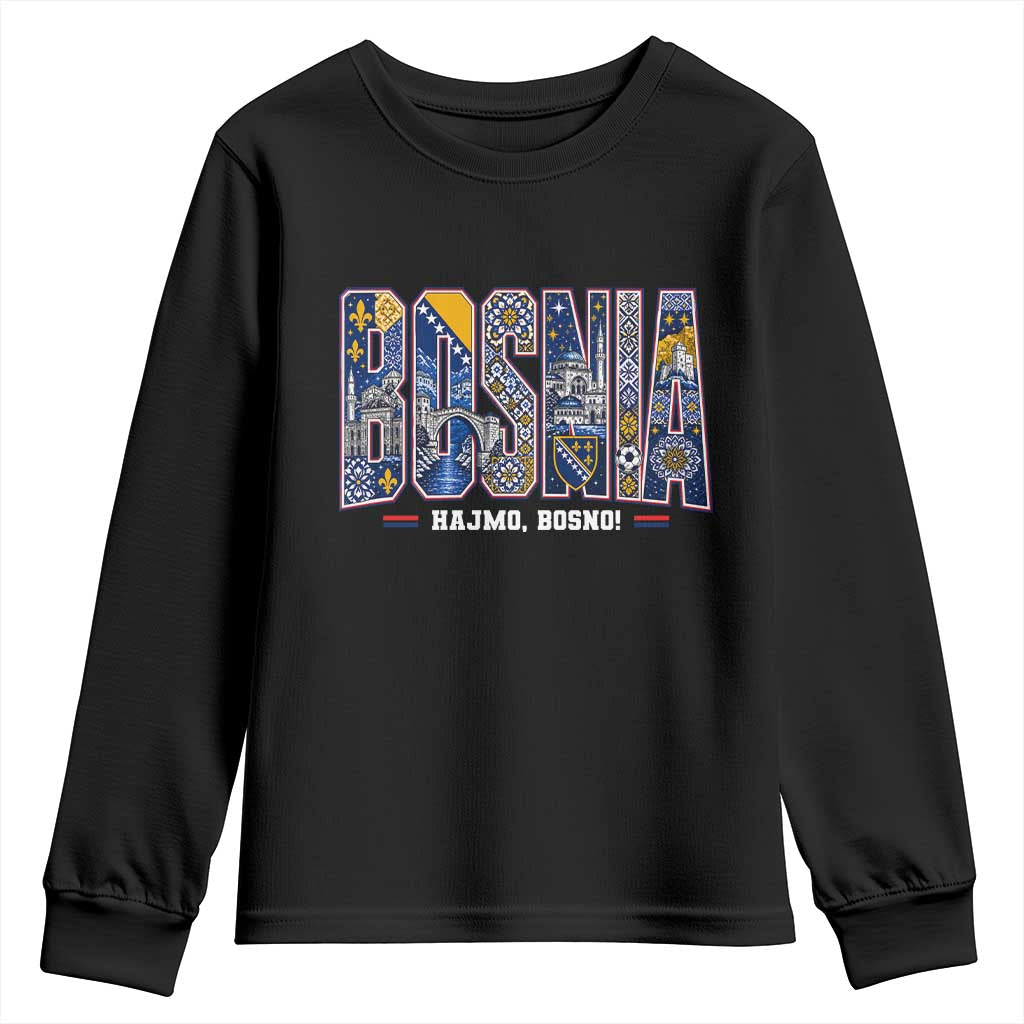 Lets Go Bosnia Heritage Hajmo Bosno Cultural Mosaic Pattern Youth Sweatshirt Bosnia Herzegovina Map Soccer Lover Football Fan TS02 Black Print Your Wear