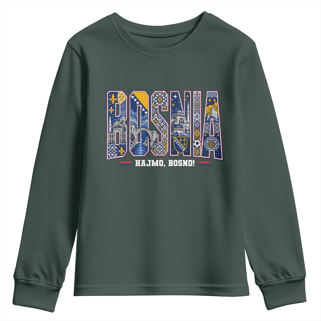 Lets Go Bosnia Heritage Hajmo Bosno Cultural Mosaic Pattern Youth Sweatshirt Bosnia Herzegovina Map Soccer Lover Football Fan TS02 Dark Forest Green Print Your Wear