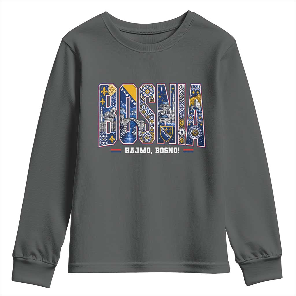 Lets Go Bosnia Heritage Hajmo Bosno Cultural Mosaic Pattern Youth Sweatshirt Bosnia Herzegovina Map Soccer Lover Football Fan TS02 Dark Heather Print Your Wear