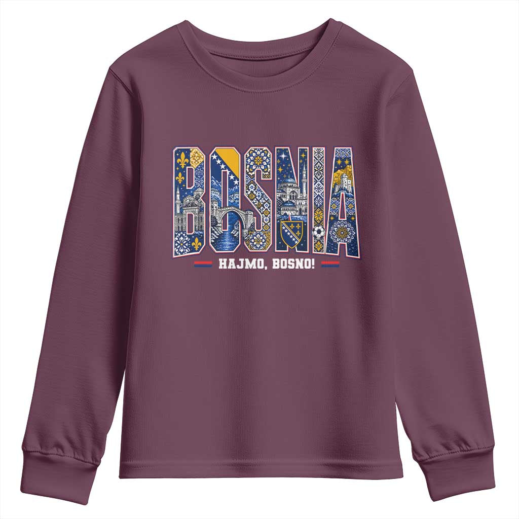 Lets Go Bosnia Heritage Hajmo Bosno Cultural Mosaic Pattern Youth Sweatshirt Bosnia Herzegovina Map Soccer Lover Football Fan TS02 Maroon Print Your Wear