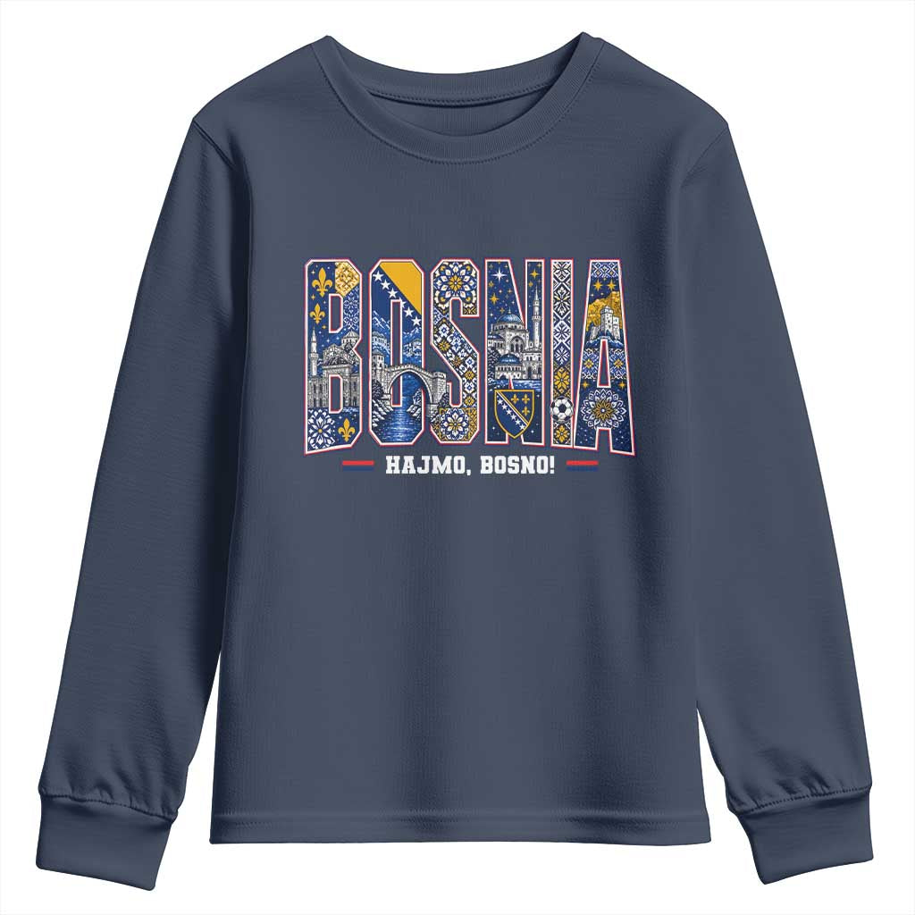 Lets Go Bosnia Heritage Hajmo Bosno Cultural Mosaic Pattern Youth Sweatshirt Bosnia Herzegovina Map Soccer Lover Football Fan TS02 Navy Print Your Wear