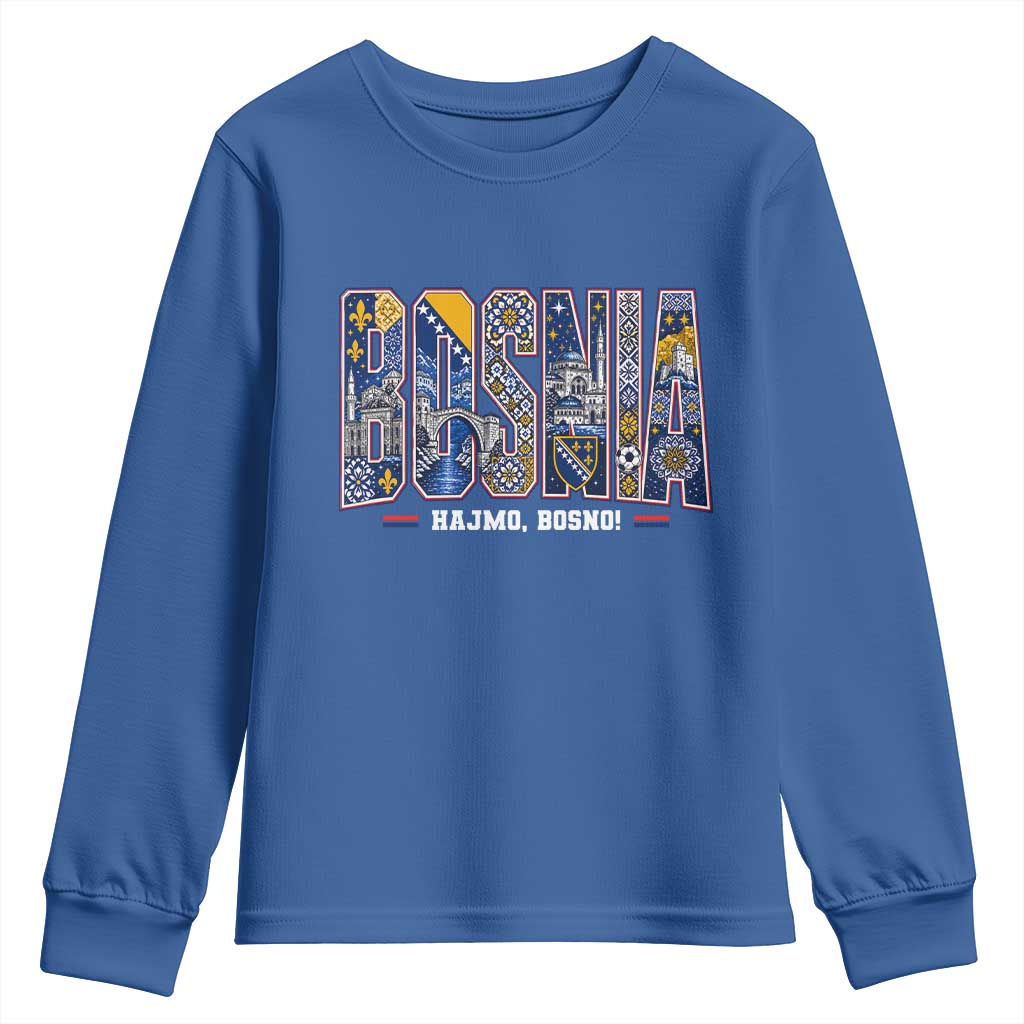 Lets Go Bosnia Heritage Hajmo Bosno Cultural Mosaic Pattern Youth Sweatshirt Bosnia Herzegovina Map Soccer Lover Football Fan TS02 Royal Blue Print Your Wear