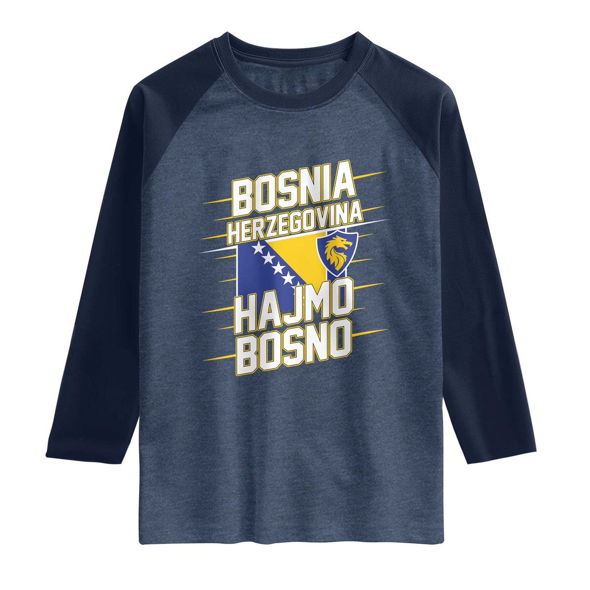 Lets Go Bosnia Herzegovina Hajmo Bosno Dragon Shield Raglan Shirt Soccer Team Pride Football Fan Heritage TS02 Heather Denim Navy Print Your Wear