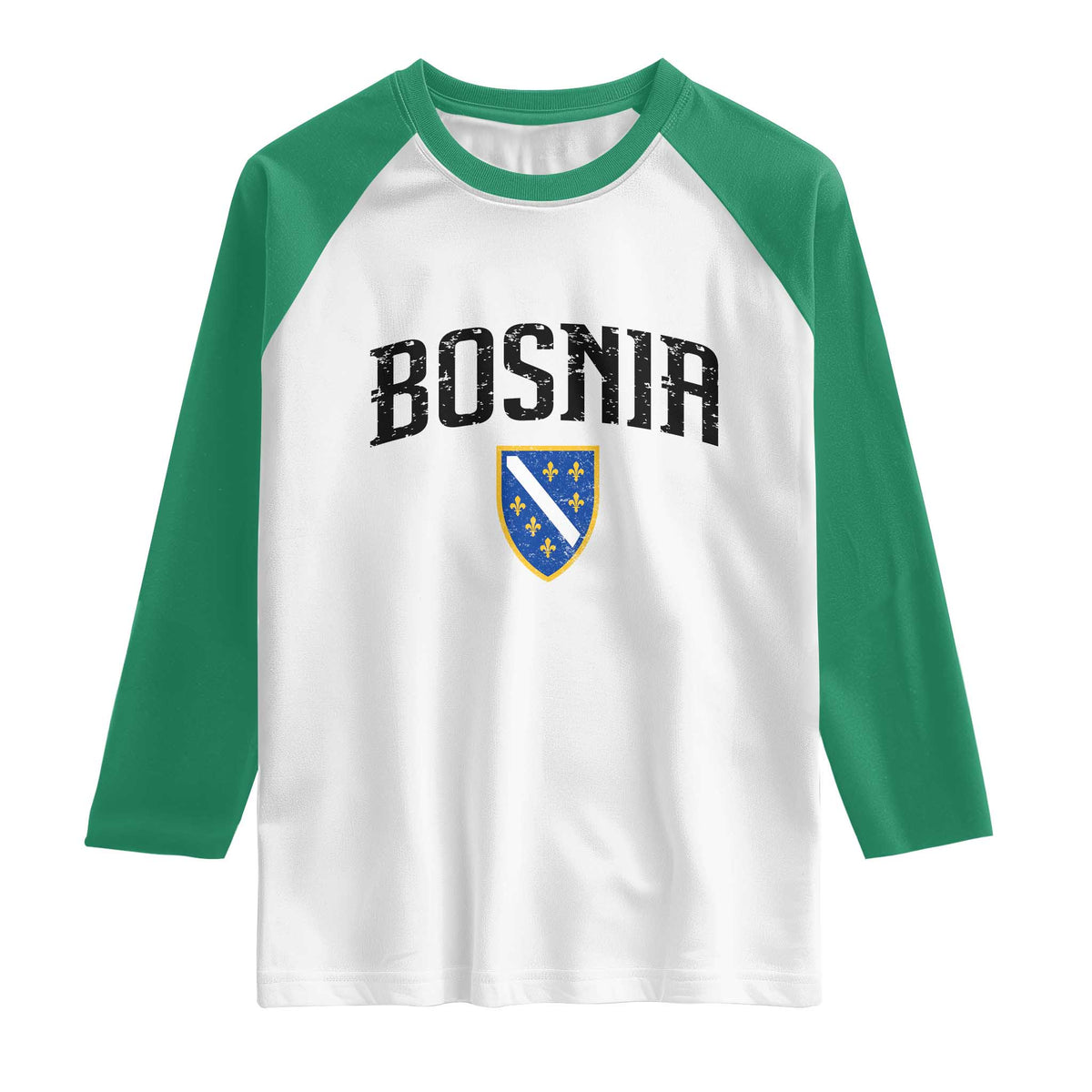 Vintage Bosnia Coat of Arms Minimalist Raglan Shirt Golden Lily Heritage Shield Graphic TS02 White Kelly Green Print Your Wear