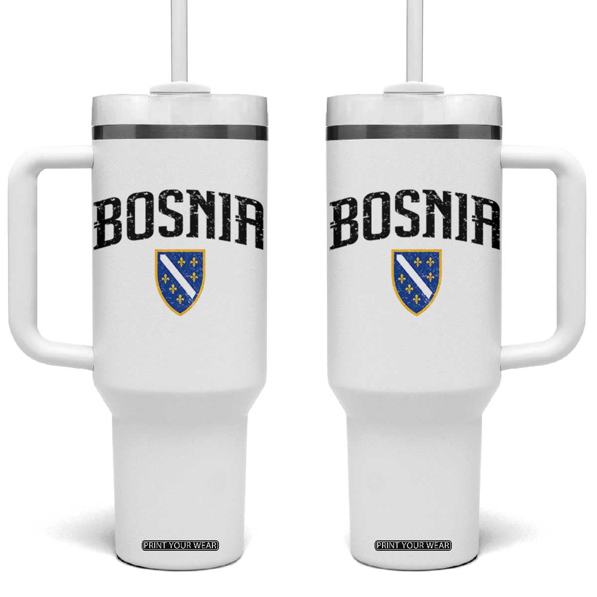 Vintage Bosnia Coat of Arms Minimalist Tumbler With Handle Golden Lily Heritage Shield Graphic
