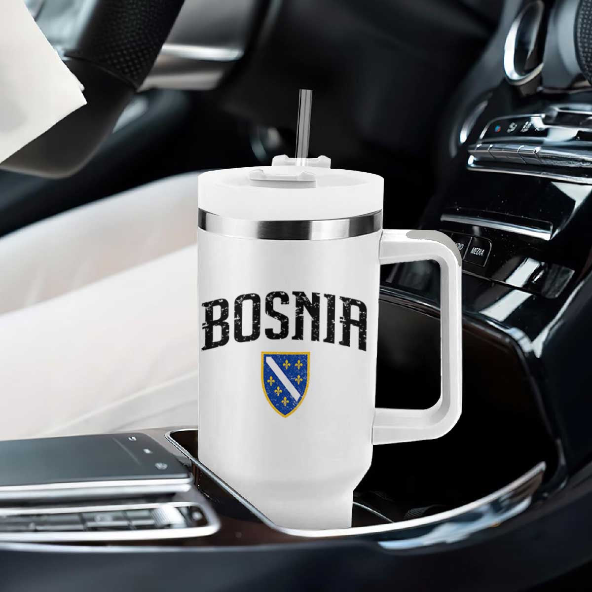 Vintage Bosnia Coat of Arms Minimalist Tumbler With Handle Golden Lily Heritage Shield Graphic