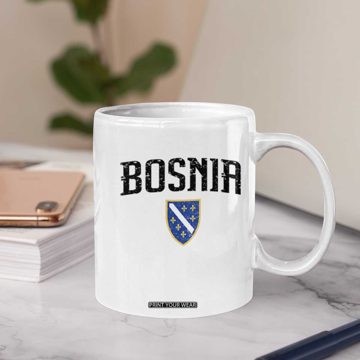 Vintage Bosnia Coat of Arms Minimalist Coffee Mug Golden Lily Heritage Shield Graphic