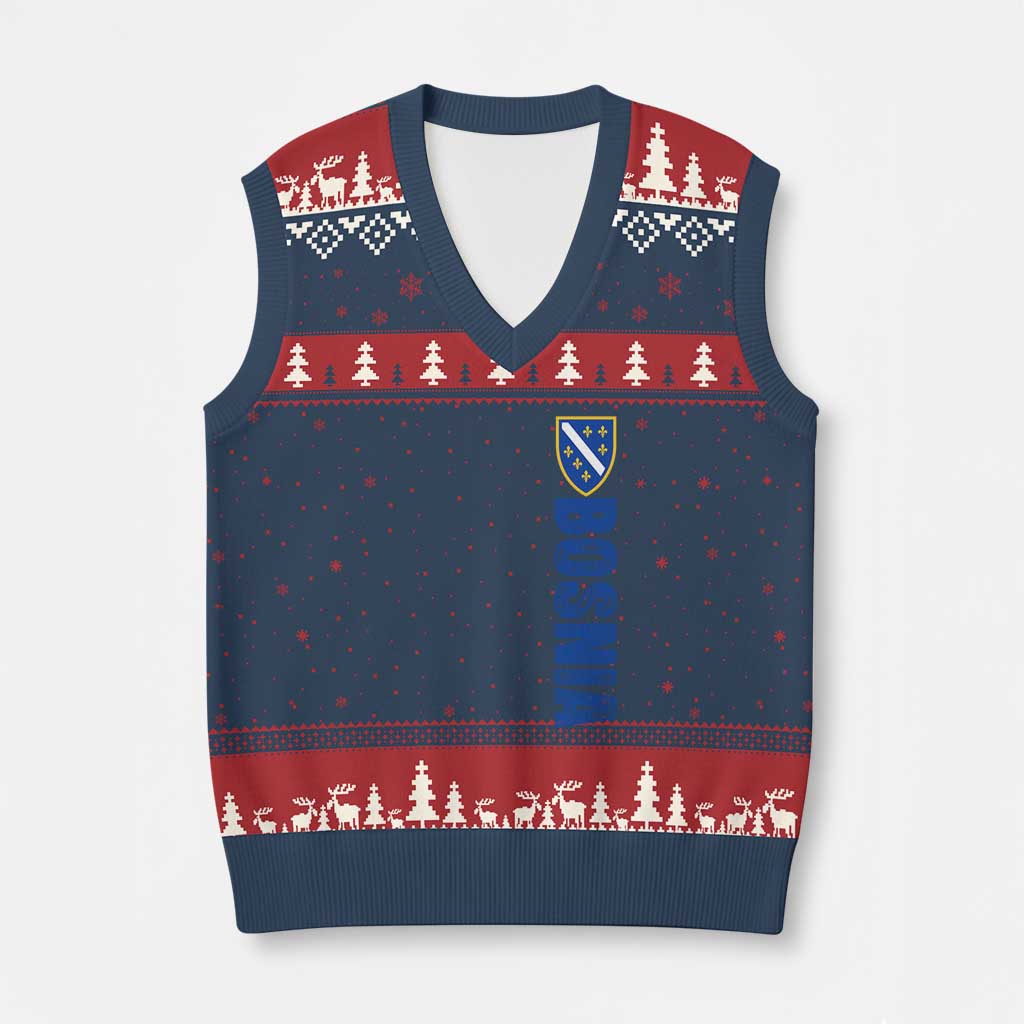 Bosnia Typography Coat of Arms V-Neck Knit Sweater Vest Golden Lily Shield Modern Graphic