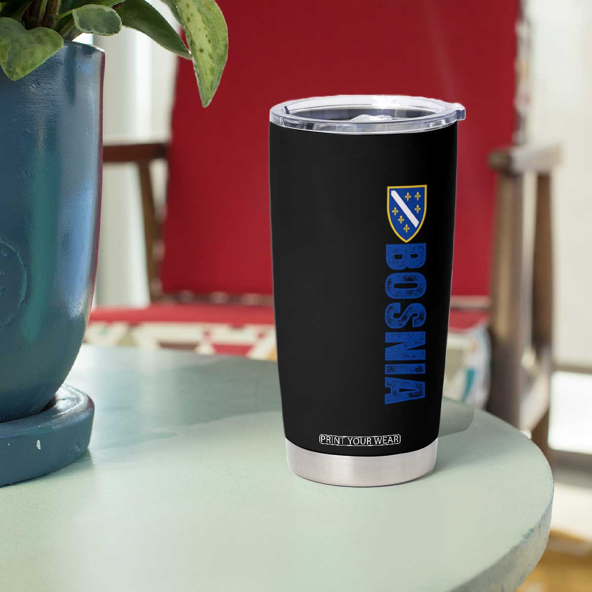 Bosnia Typography Coat of Arms Tumbler Cup Golden Lily Shield Modern Graphic