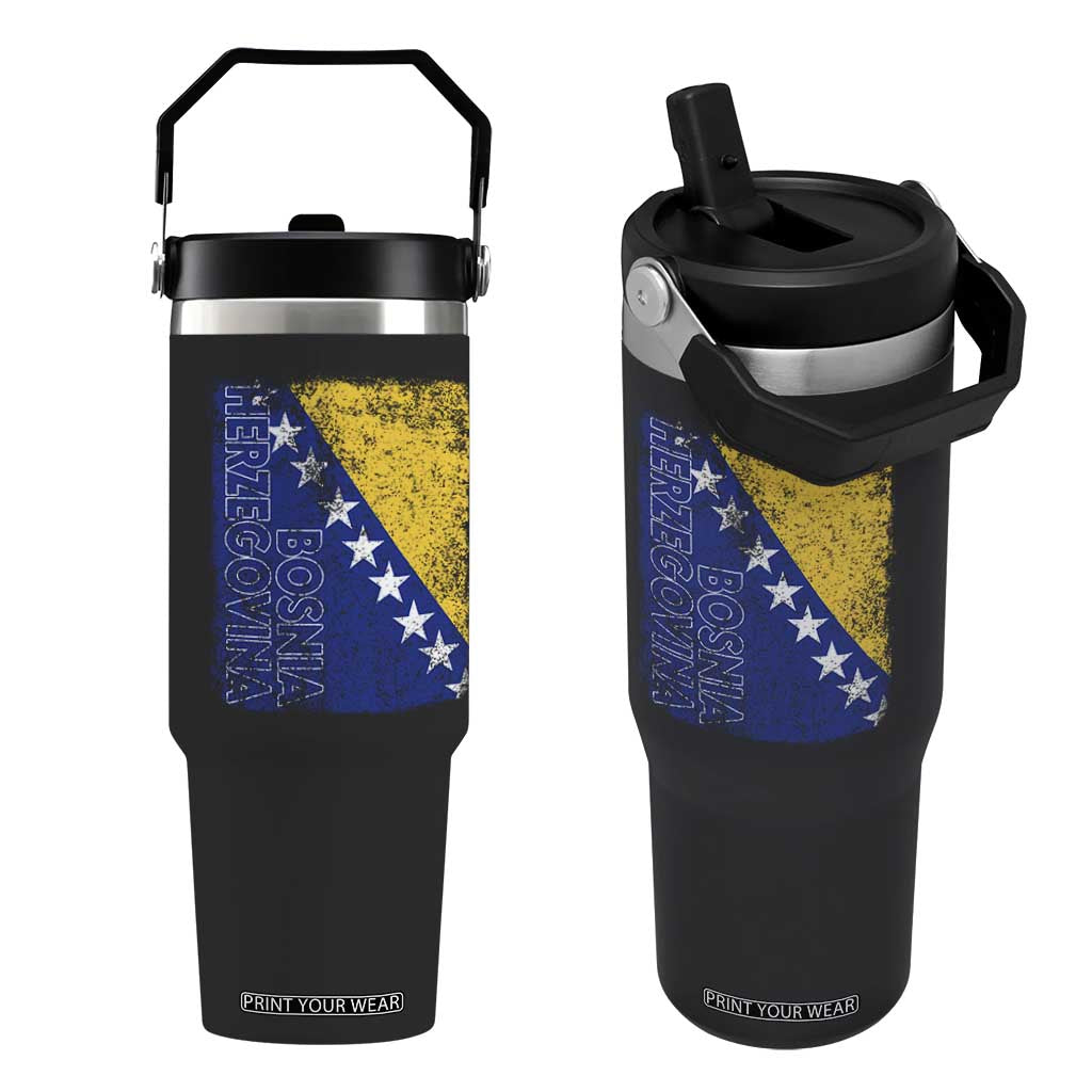 Vintage Grunge Bosnia Herzegovina National Flag Flip Straw Tumbler Bosnian Pride Soccer Heritage Sports Fan