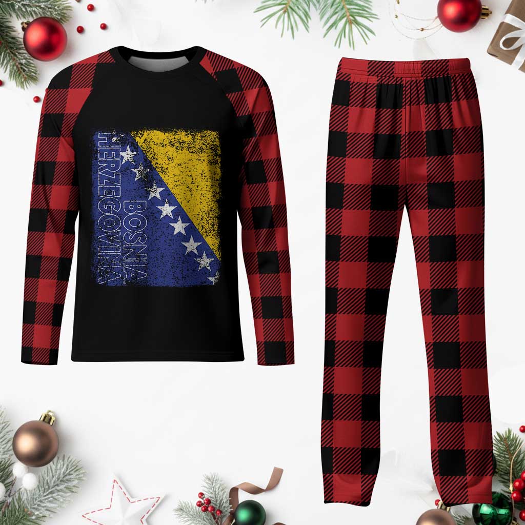 Vintage Grunge Bosnia Herzegovina National Flag Plaid Pajama Set Bosnian Pride Soccer Heritage Sports Fan