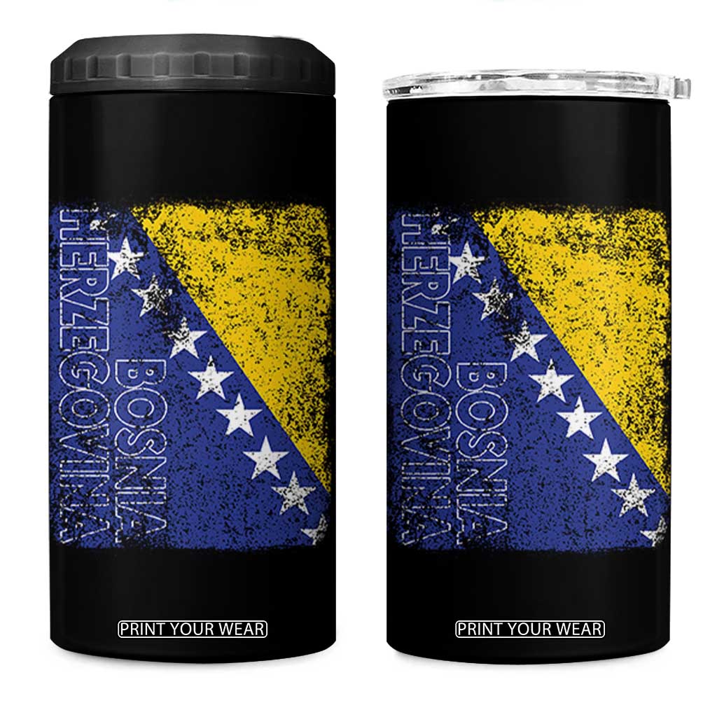 Vintage Grunge Bosnia Herzegovina National Flag 4 in 1 Can Cooler Tumbler Bosnian Pride Soccer Heritage Sports Fan